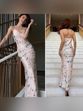 Pastel Watercolor Floral like Satin/Silk Slip Maxi Dress with Cowl Neck - S